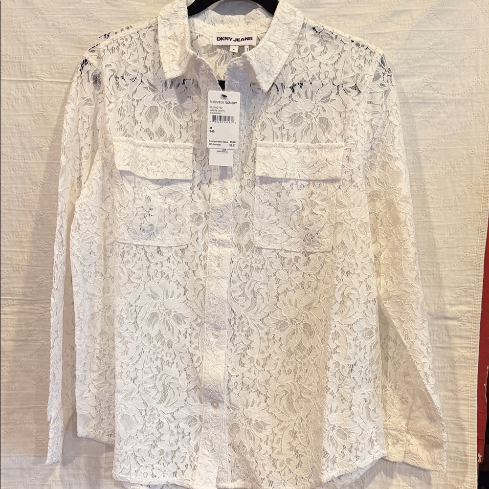 DKNY White Lace Button-Up Blouse